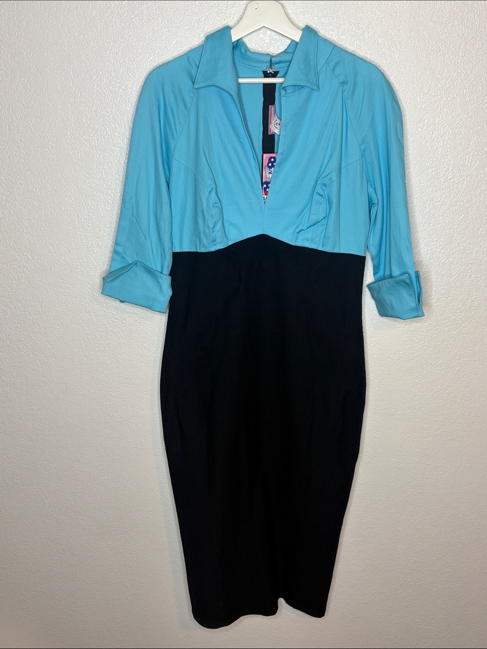 Pinup Couture Light Blue & Black Lauren Midi Dress Pleated Mermaid Back Size XL